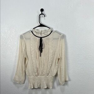 E&M Women’s Elegant Cream Blouse Lace Detailing Black Ribbon neck Accent Sz M